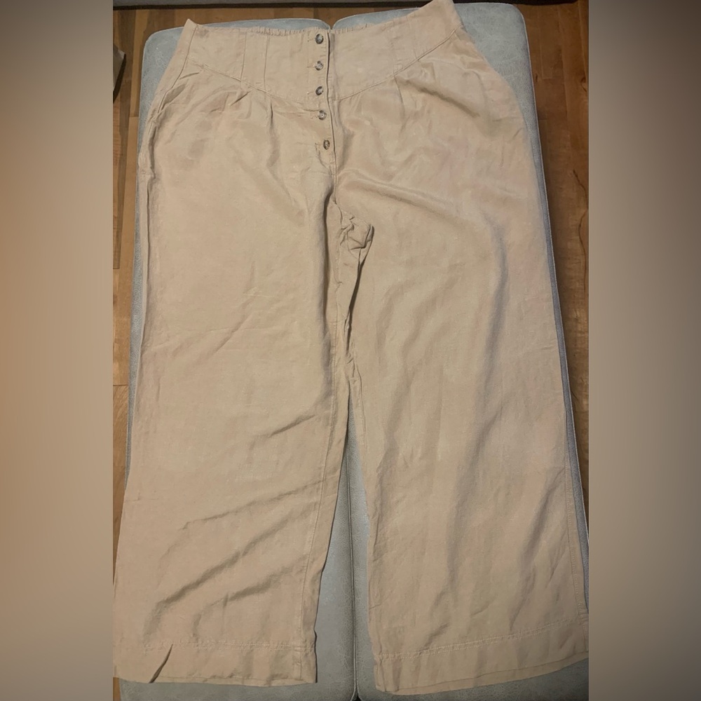 EXPRESS Women Linen Blend Super High Rise Khaki Brown Wide Leg Pants NEW Size XL